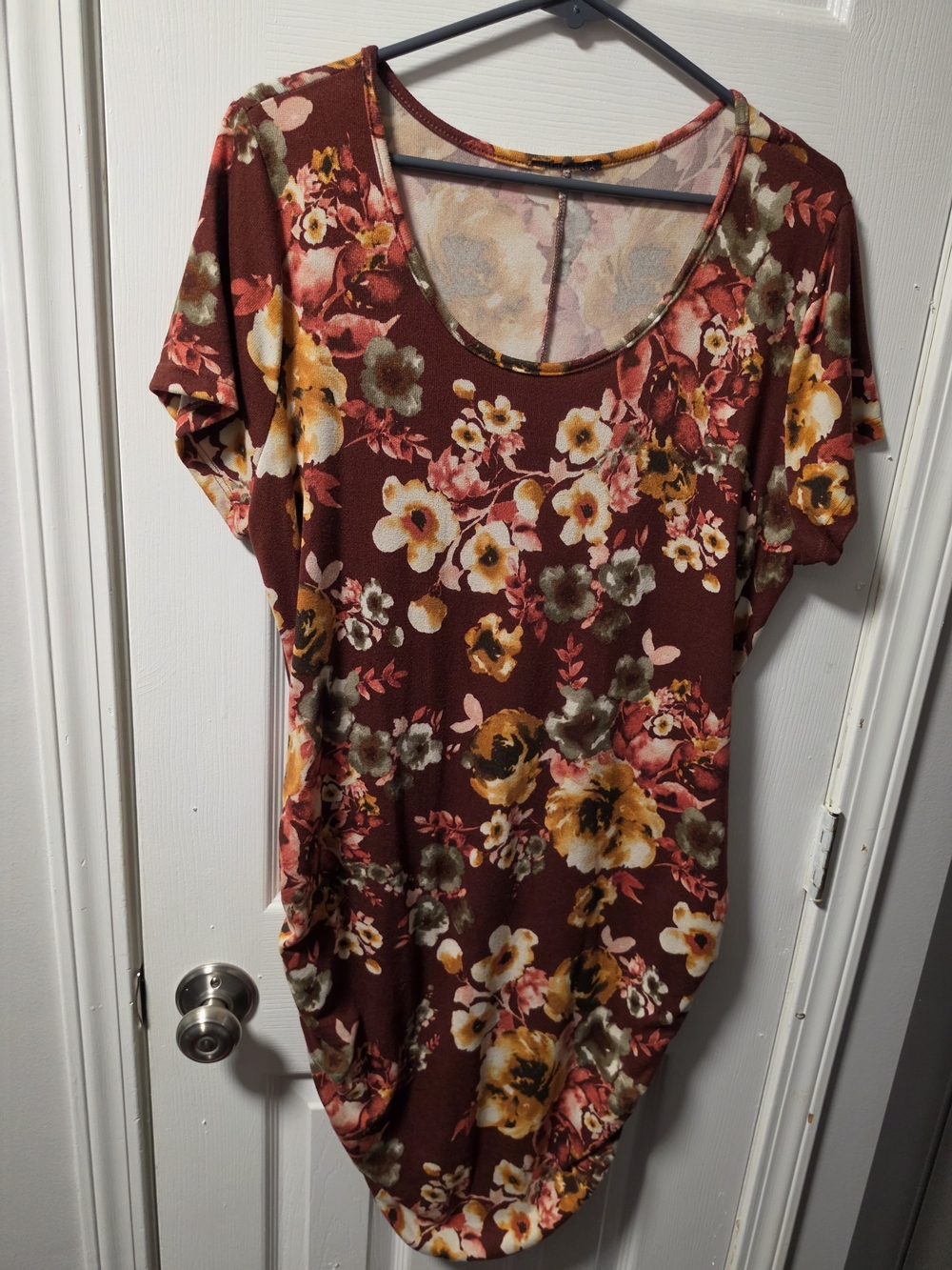 Floral Scoop Neck Tunic - Burgundy with Mustard & Olive
